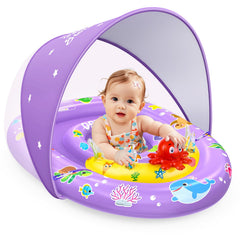 EZIGO baby pool float with purple canopy for sun protection during pool time
