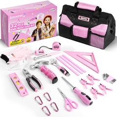 EZUVITA kids tool set pink 32-piece bag front view for safe home DIY play.