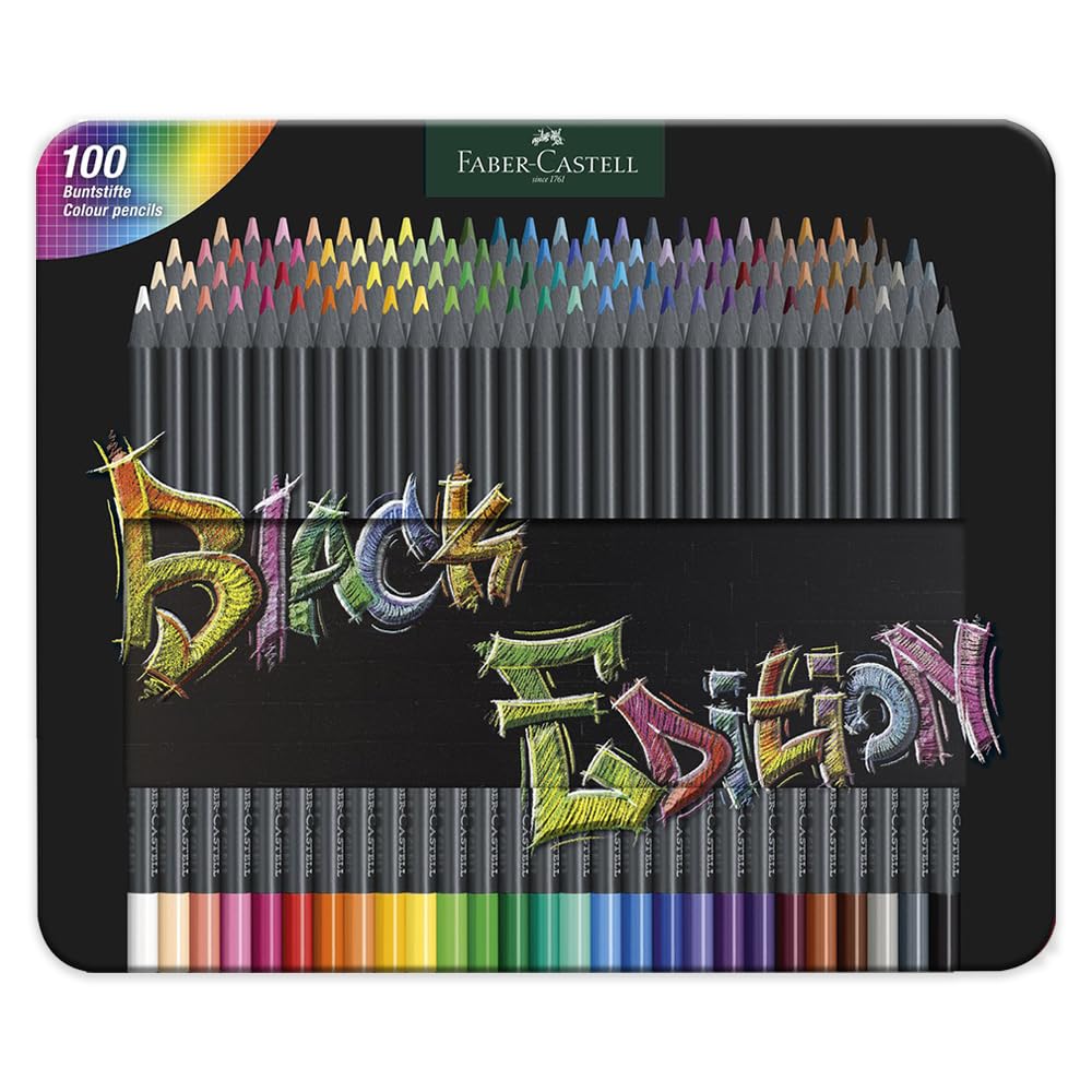 Faber-Castell Black Edition 100-color pencils in metal tin showing vibrant colors and organized storage.