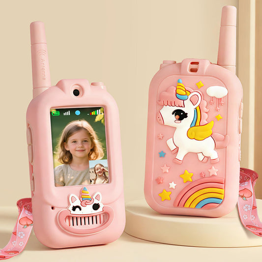 Fabeto Unicorn Pink video walkie talkie front view for real-time kid chats.