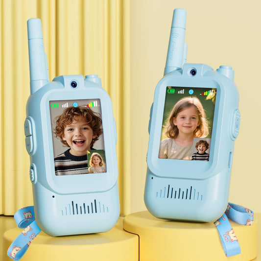 Fabeto walkie talkie kids video 2-pack with HD camera for real-time outdoor communication.