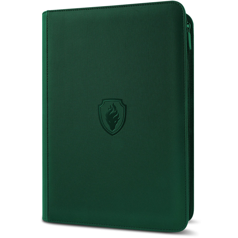 Fabmaker premium zip card binder with dark green cover protects trading cards during storage