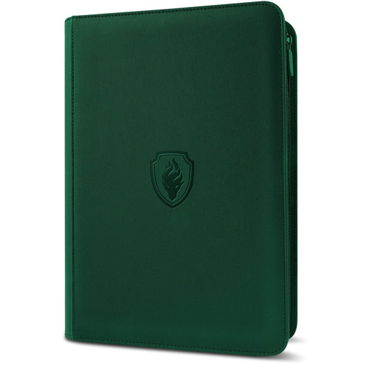 Fabmaker premium zip card binder with dark green cover protects trading cards during storage