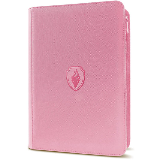 Fabmaker Premium Zip Card Binder front cover shows pink PU and sturdy construction for protection.