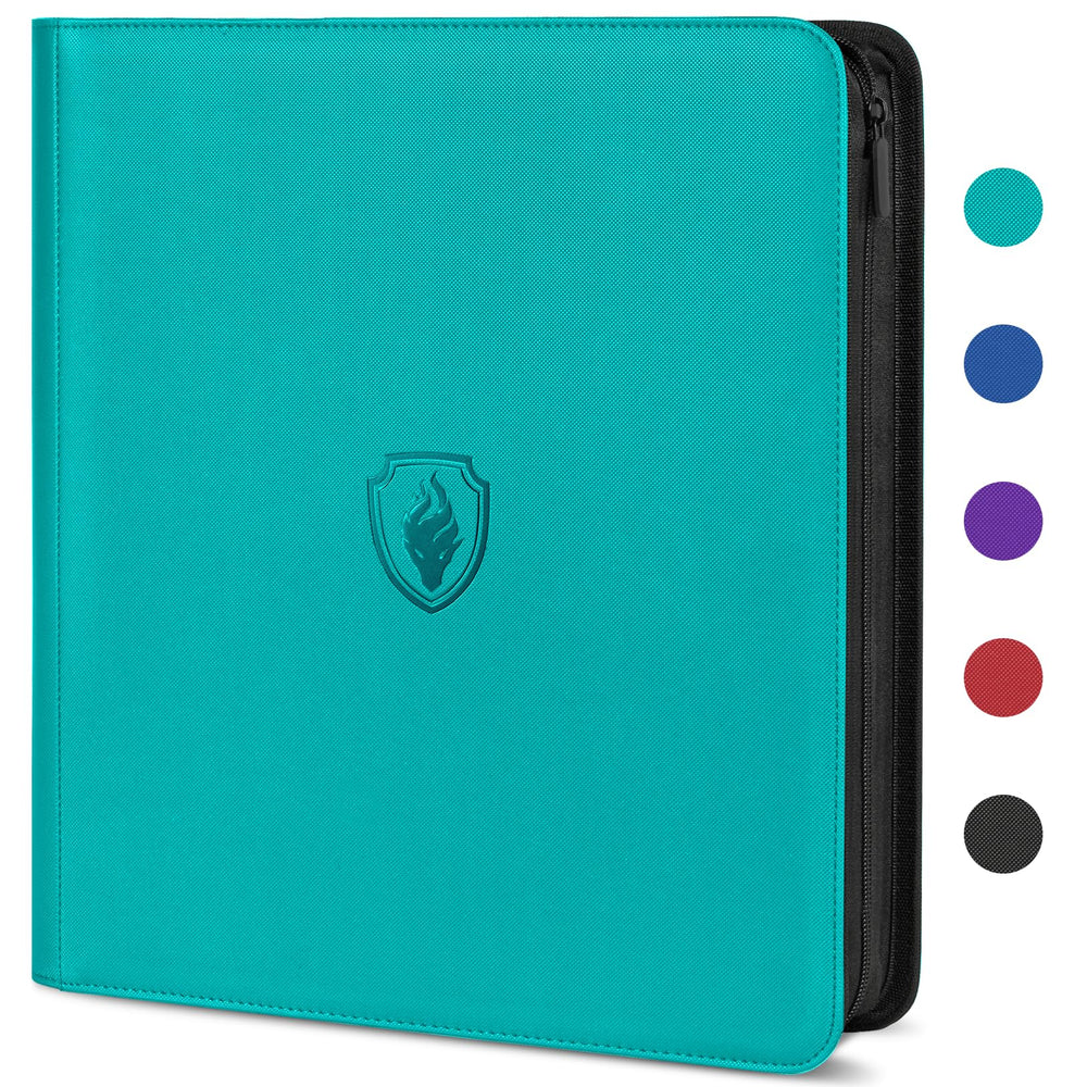 Fabmaker Premium Zip Card Binder teal cover protects cards during storage.