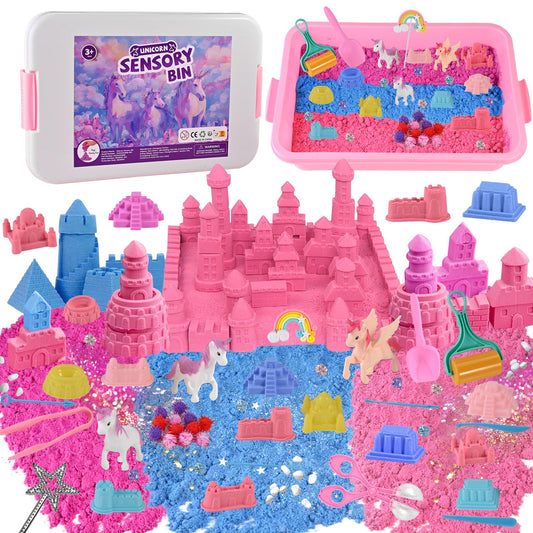 Faburo unicorn sensory bin with lid for mess-free play and easy storage.