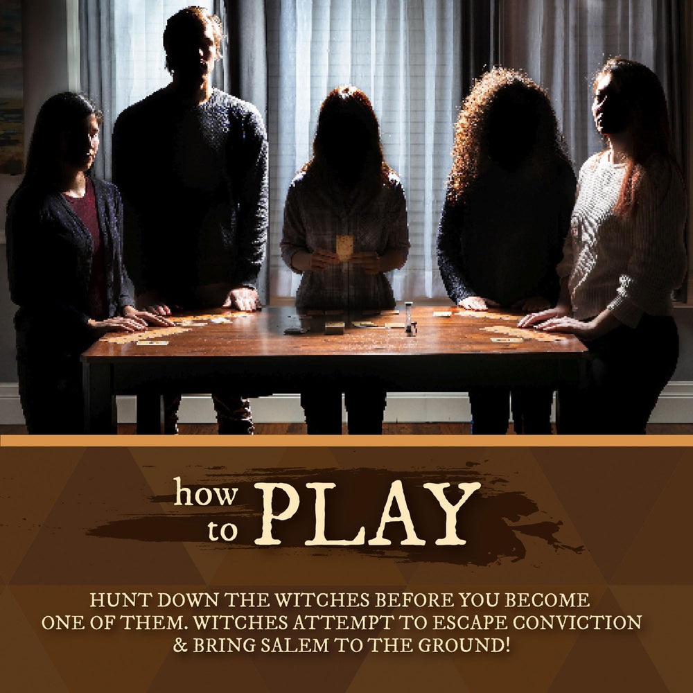 Facade Dark Cites Salem 1692 wooden gavel token beside the game setup.
