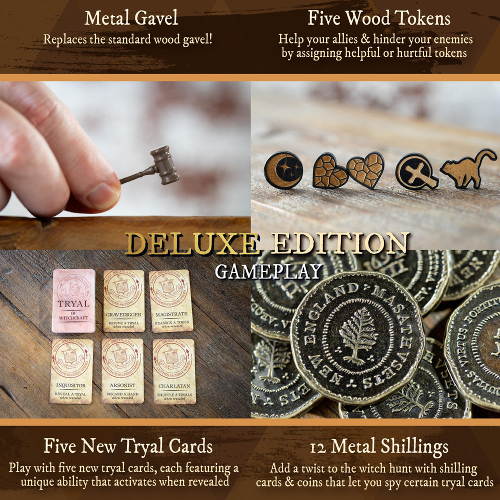 Facade Games Salem 1692 Deluxe wood tokens add tactile feel to bidding and tracking.