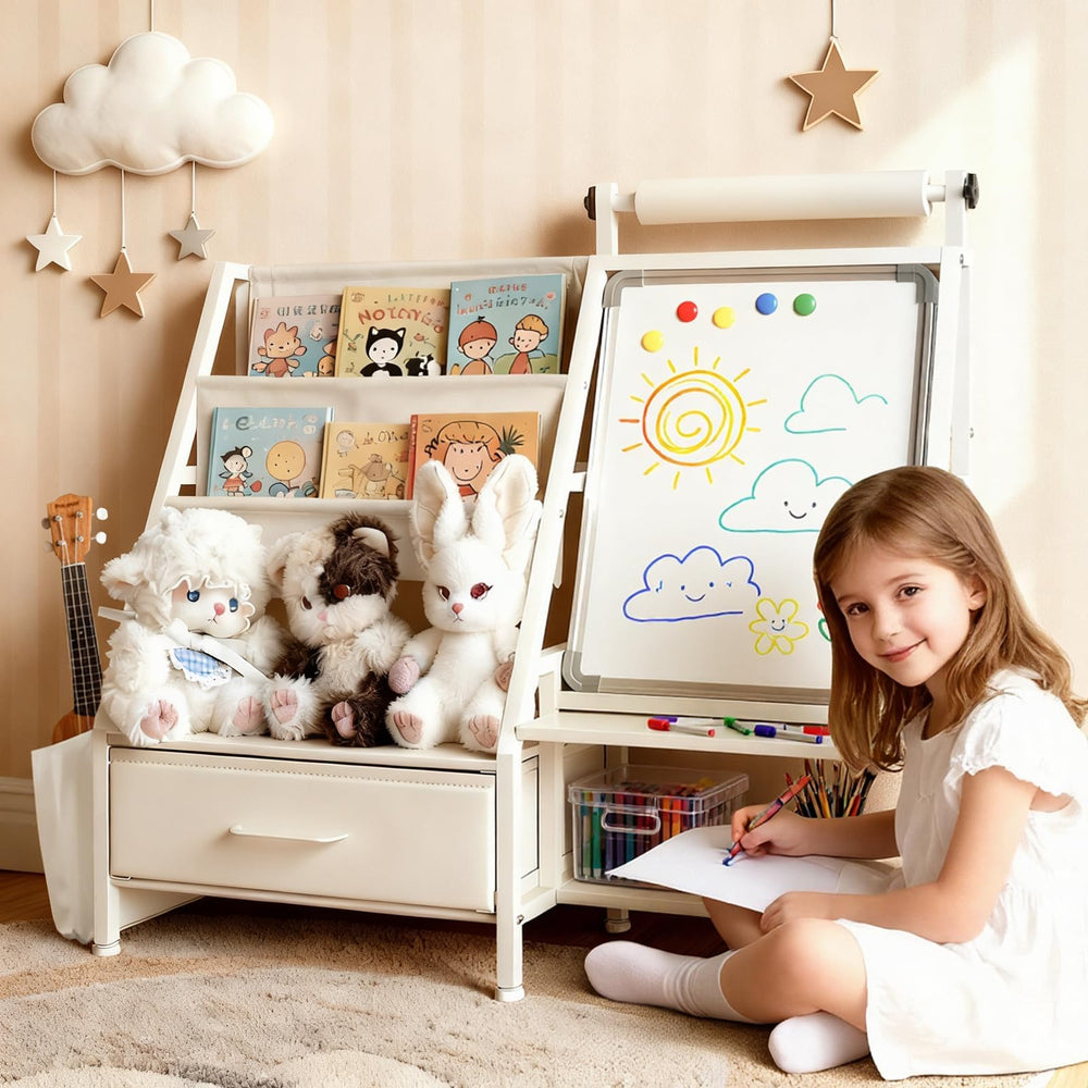 Faesun 4-in-1 easel with drawing area and tidy storage for toddlers.