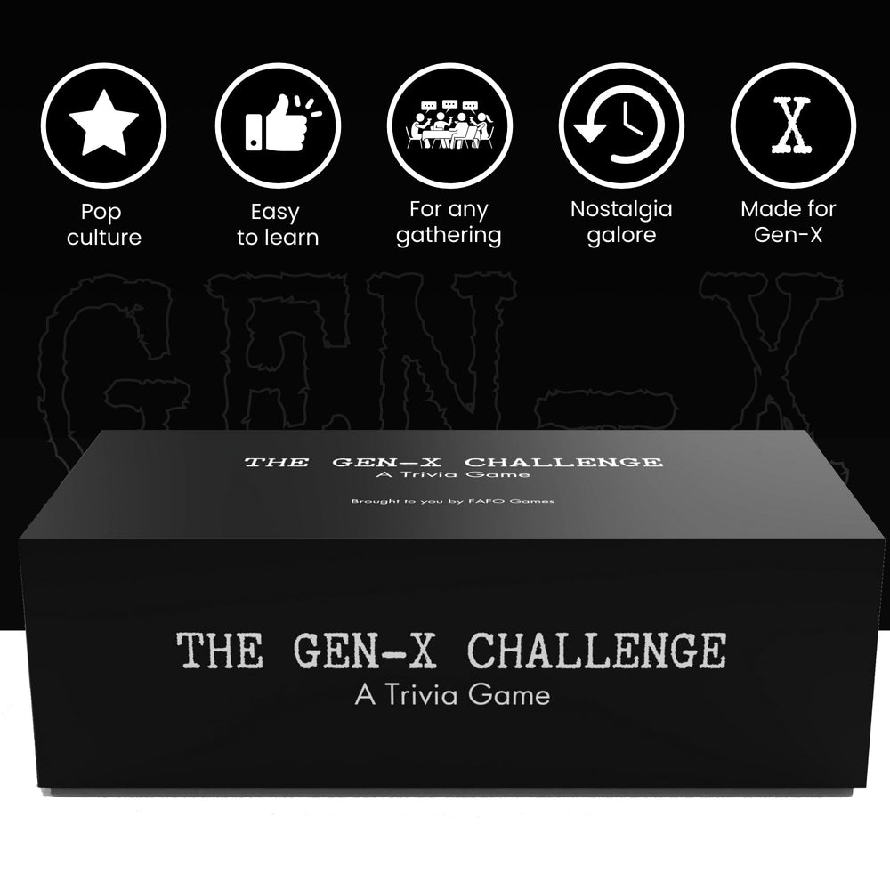 FAFO GAMES Gen-X Challenge card rack image emphasizes abundant questions across 80s and 90s culture.