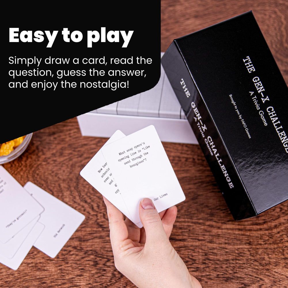 FAFO GAMES Gen-X Challenge 600 trivia cards deliver varied pop culture topics.