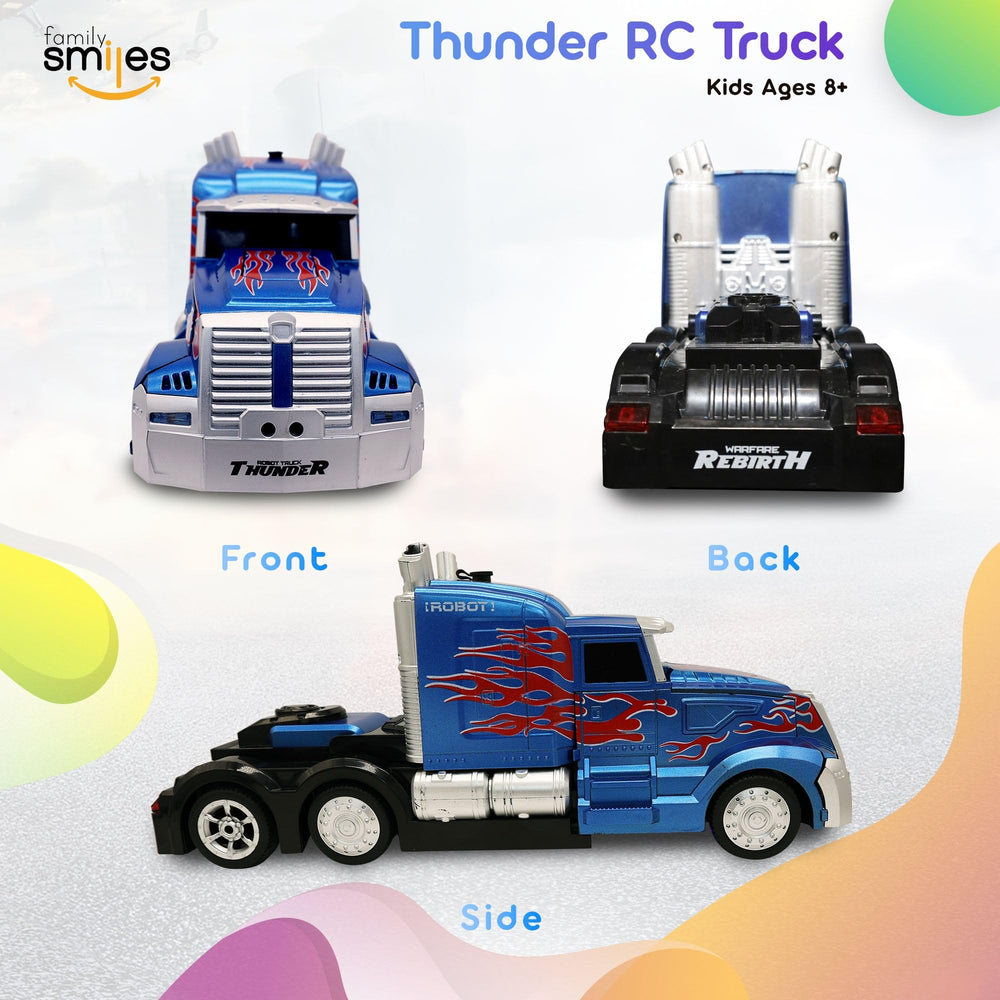 Family Smiles Transforming Robot RC Truck unboxing scene for kids.