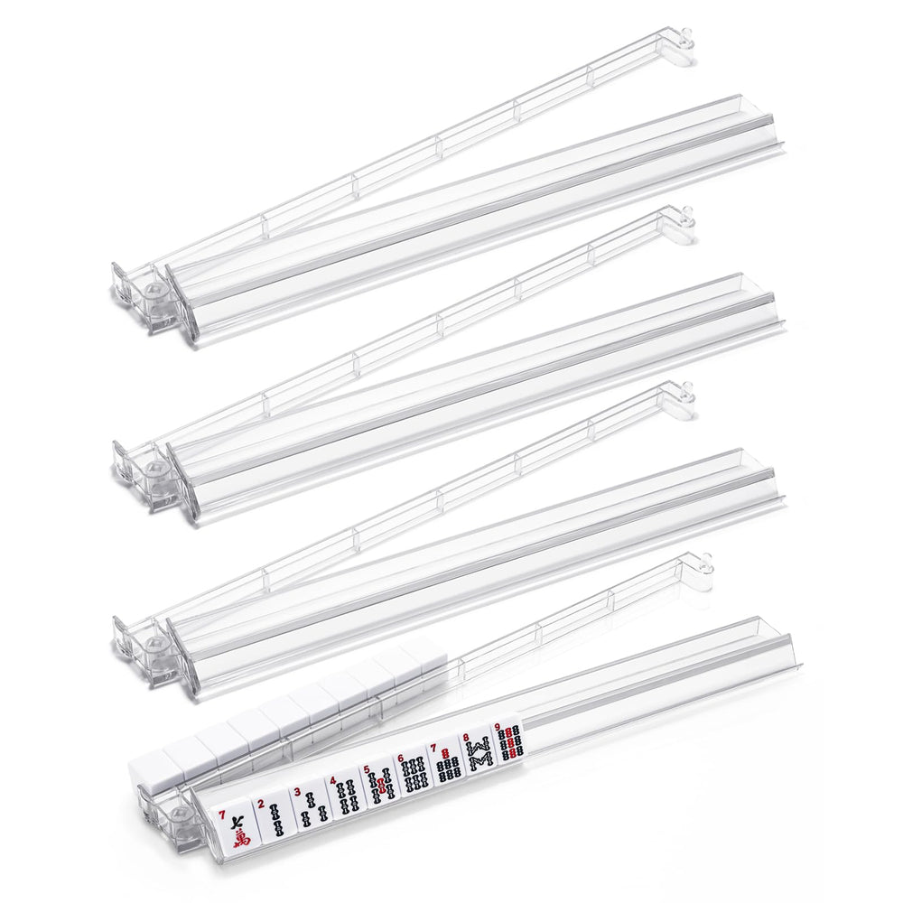 FamRica clear acrylic mahjong racks with built-in pushers for tidy tile setup during play.
