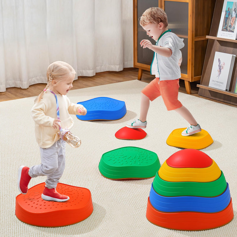 Fanboxk stepping stones in a family game setup promoting active play.