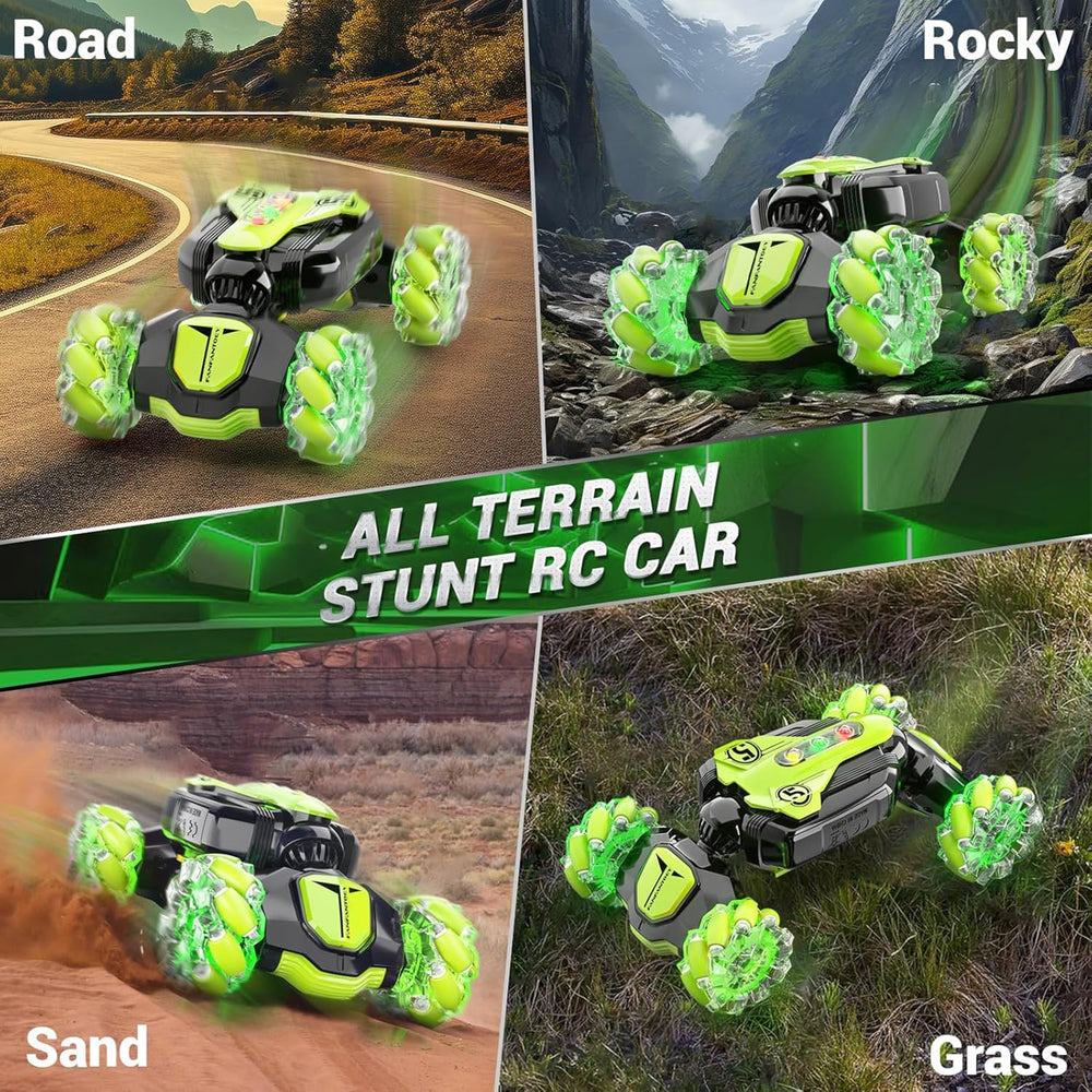 Fanfantoey gesture sensing RC stunt car transform mode in action with dynamic visuals