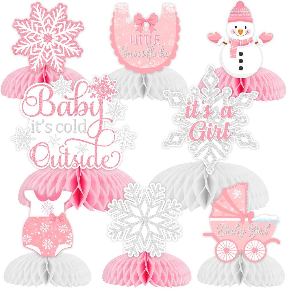 Fangleland Baby It’s Cold Outside honeycomb centerpiece in pink and white for baby showers.