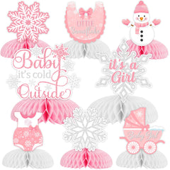 Fangleland Baby It’s Cold Outside honeycomb centerpiece in pink and white for baby showers.