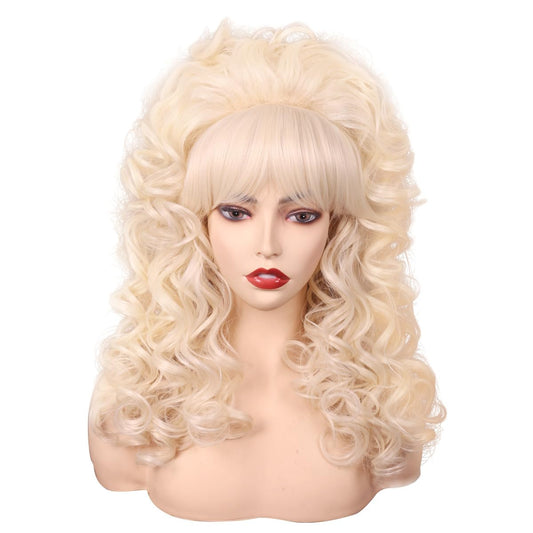 FantaLook 80s blonde curly wig with bangs for authentic retro cosplay.