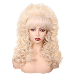 FantaLook 80s blonde curly wig with bangs for authentic retro cosplay.
