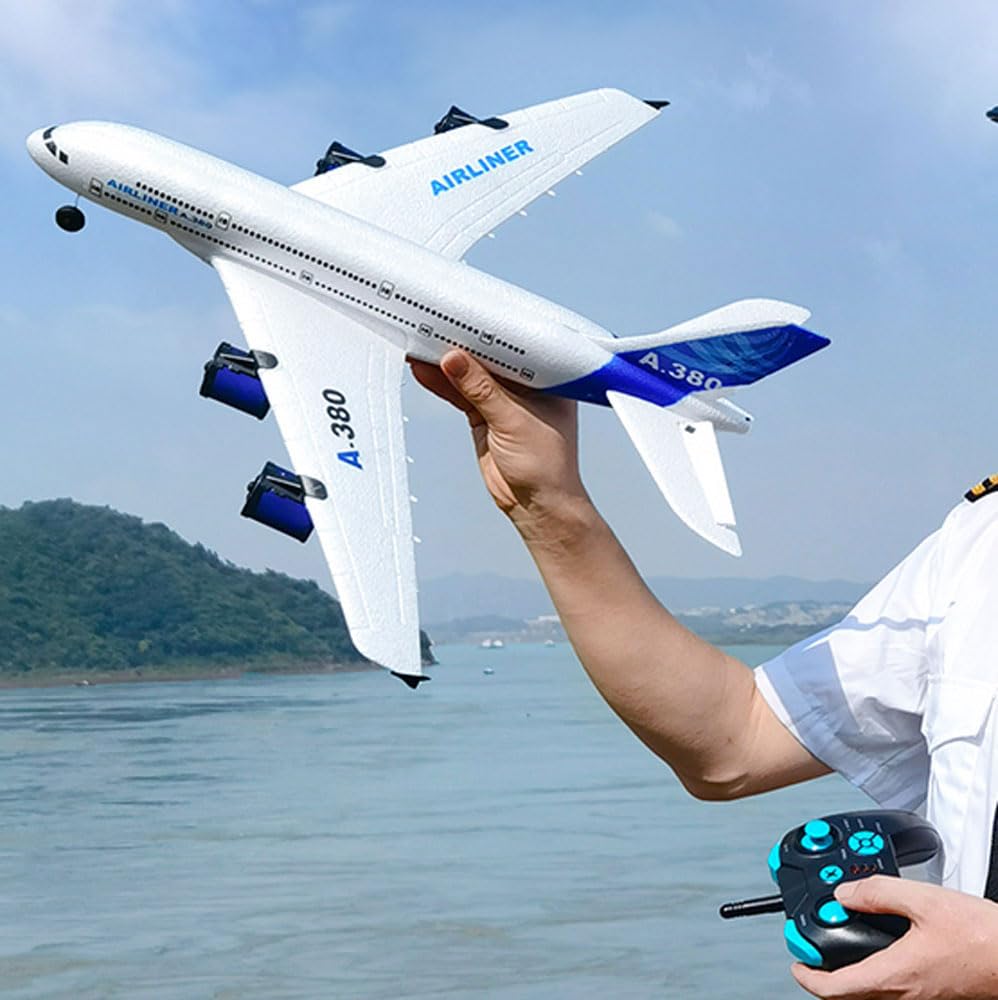 FANXMF A380 RC plane with LED lights for nighttime visibility.