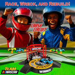 Far Out Toys Winners Circle stand highlights celebratory laps after a victory.