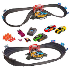 Far Out Toys Winners Circle stand celebrates race results during play.
