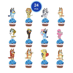 FARDAS blue dog cupcake toppers close up on colorful desserts