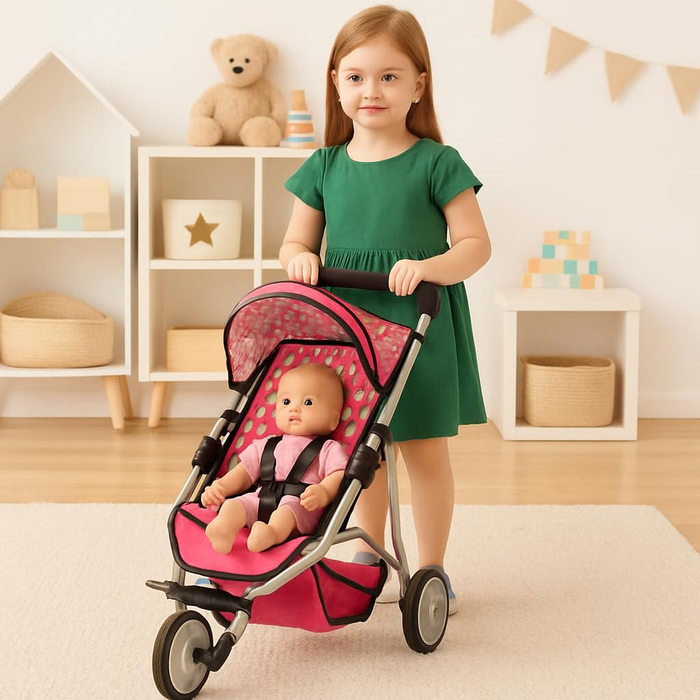Fash N Kolor denim pink stroller basket keeps doll accessories neatly organized.