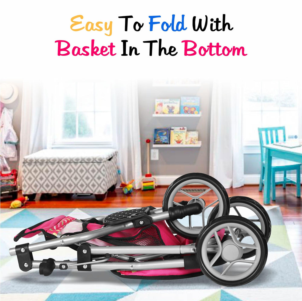 Fash N Kolor denim pink stroller frame feels sturdy during pretend outings.