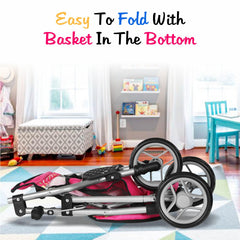 Fash N Kolor denim pink stroller frame feels sturdy during pretend outings.