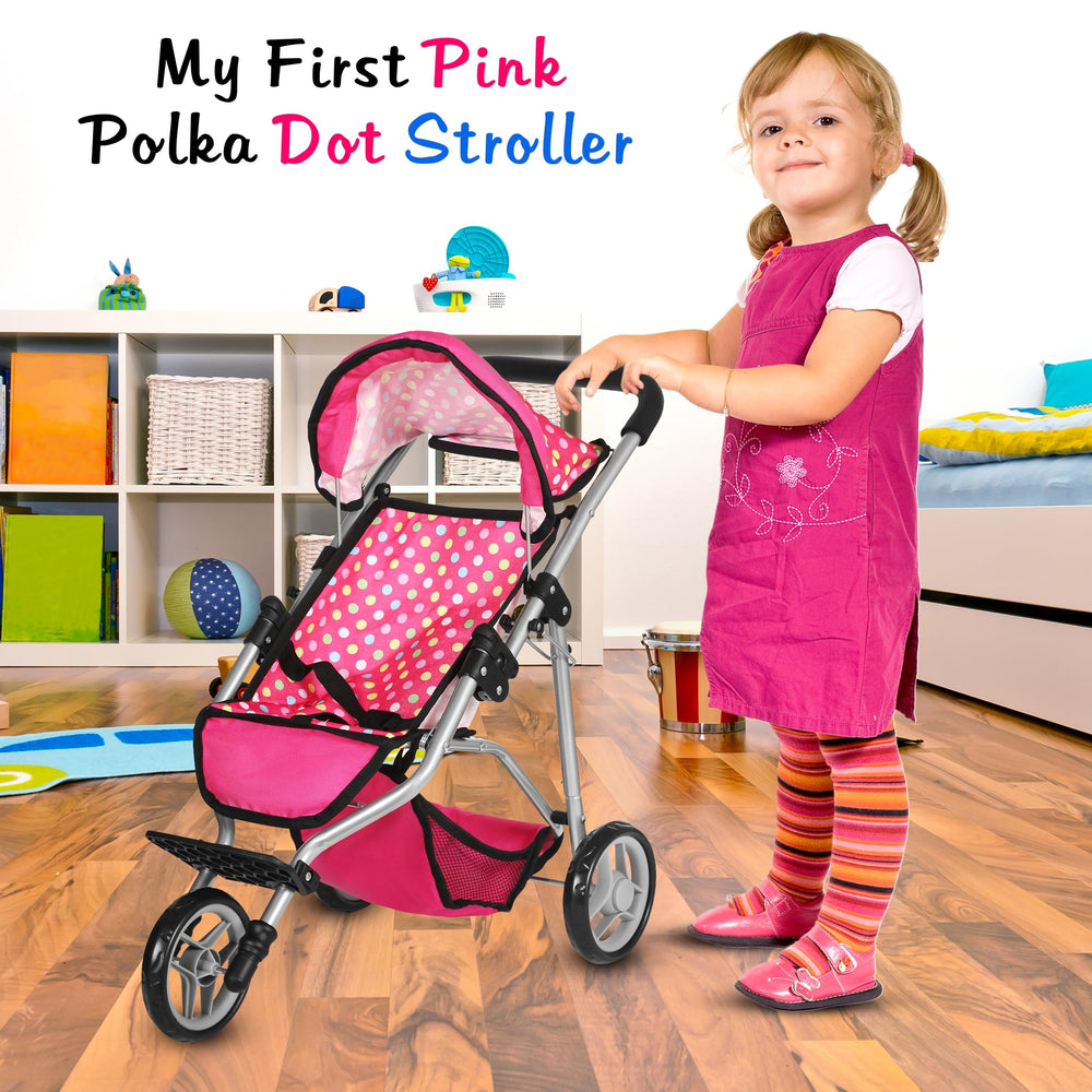 Fash N Kolor denim pink stroller wheels roll smoothly for effortless push.