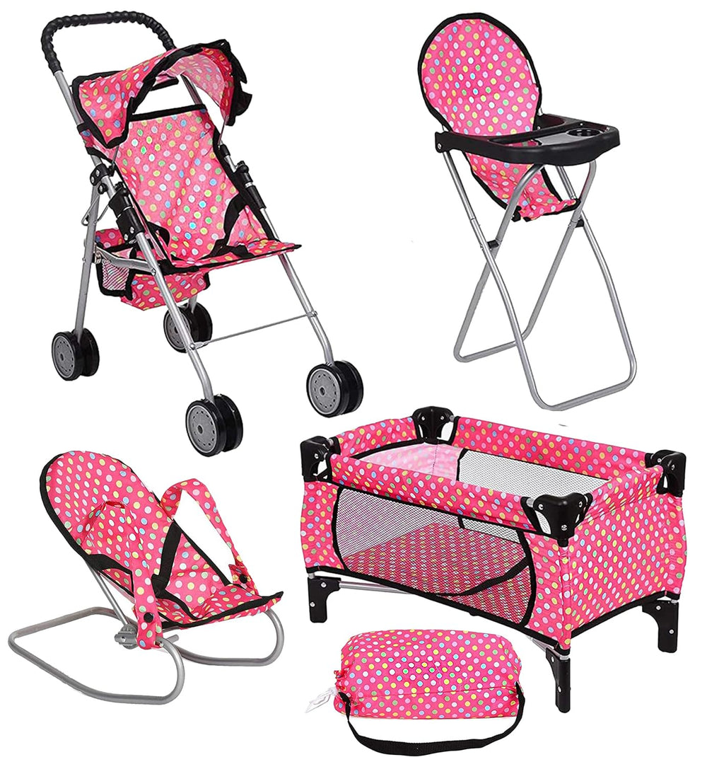 Fash N Kolor doll stroller in pink polka dot for imaginative doll outings