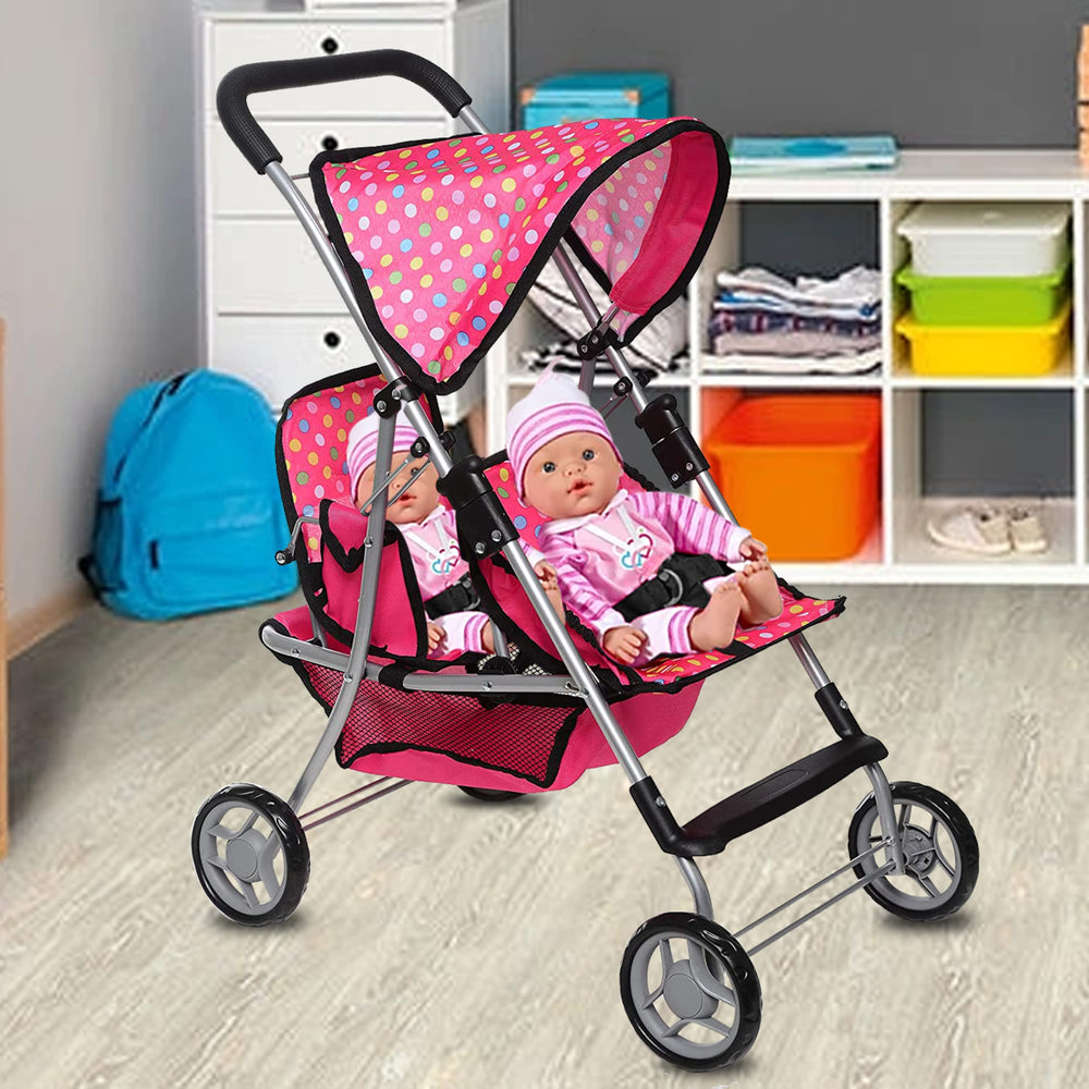 Fash n Kolor lightweight double stroller with quick assembly.