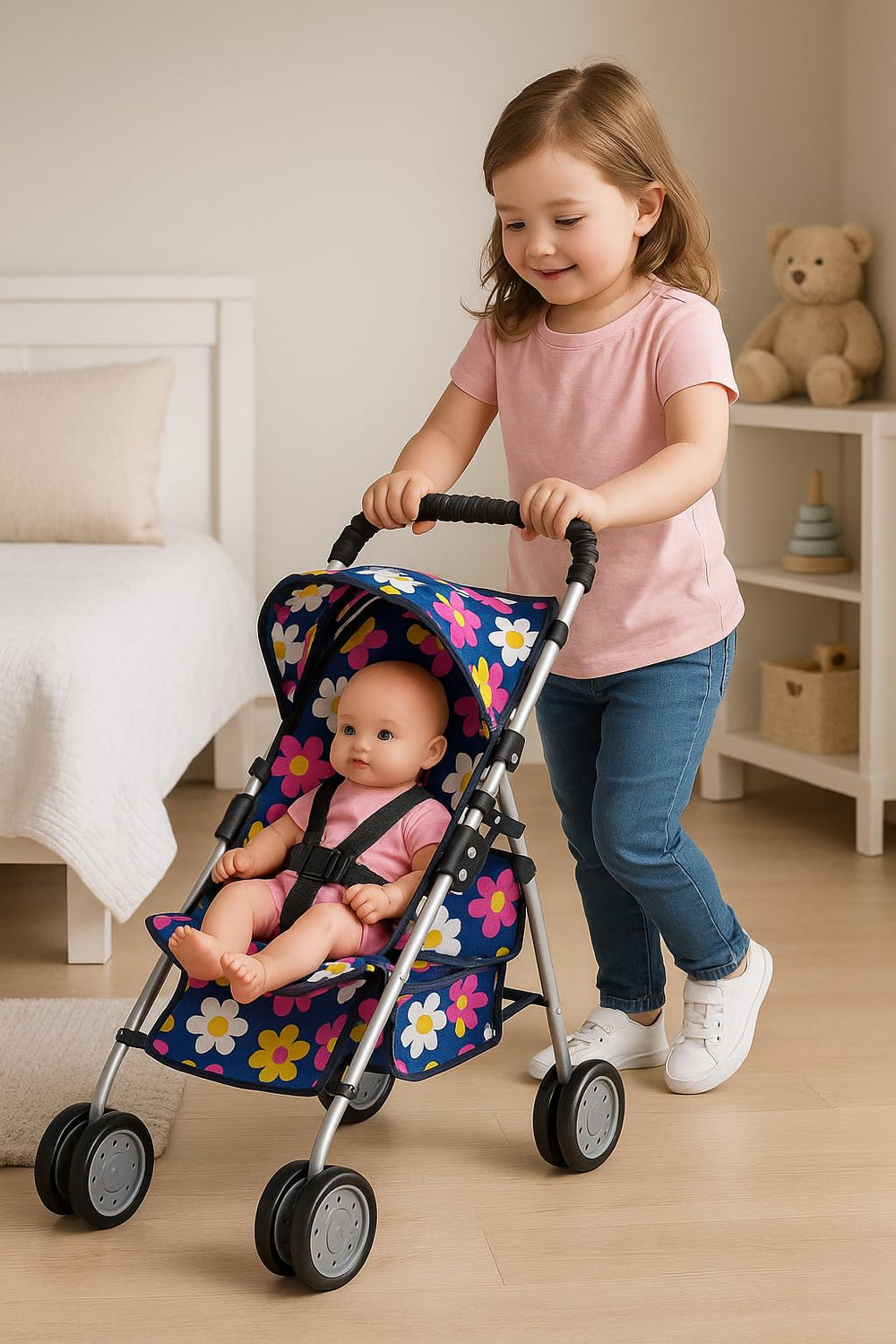 Fash N Kolor double-wheeled legs provide stable, smooth pushes.