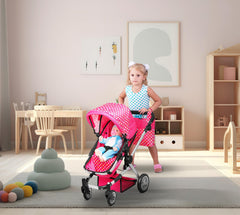 Fash N Kolor polka-dot doll stroller with swivel wheels for smooth indoor maneuverability.