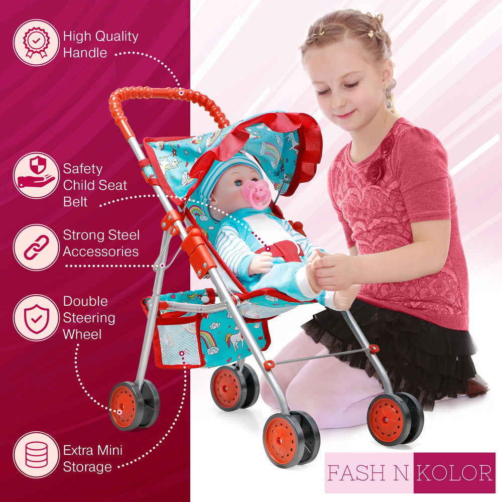 Fash N Kolor unicorn stroller fits 18-inch dolls.