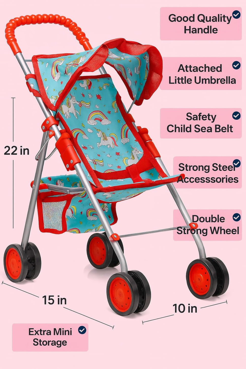 Fash N Kolor unicorn doll stroller hood open for pretend play.