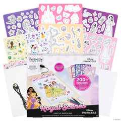 Fashion Angels Disney Princess illuminated sketchpad in use for tracing outfits.