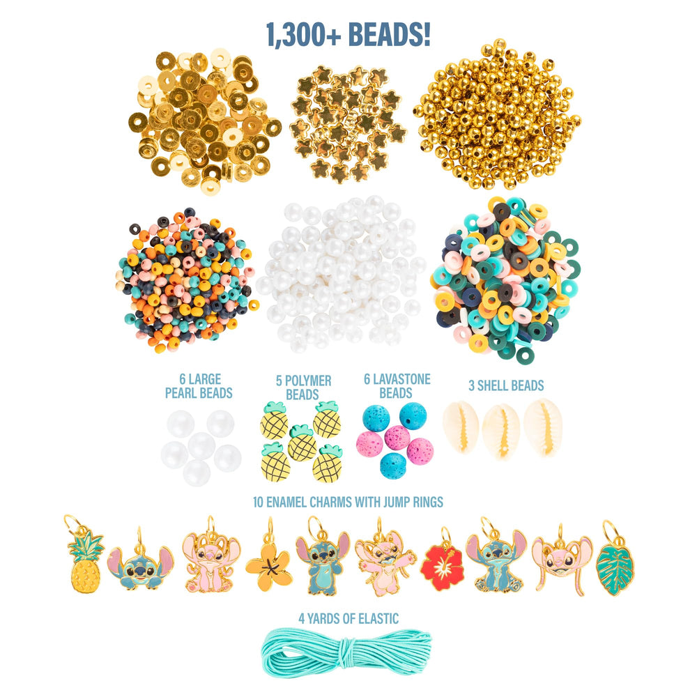 Fashion Angels Disney Stitch beads and charms laid out for easy crafting inspiration and color coordination.