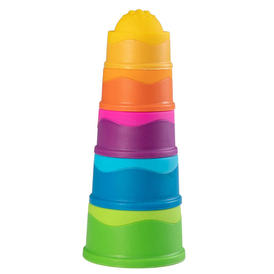 Fat Brain Toys Dimpl Stack cups close-up for tactile bubbles and sensory exploration.