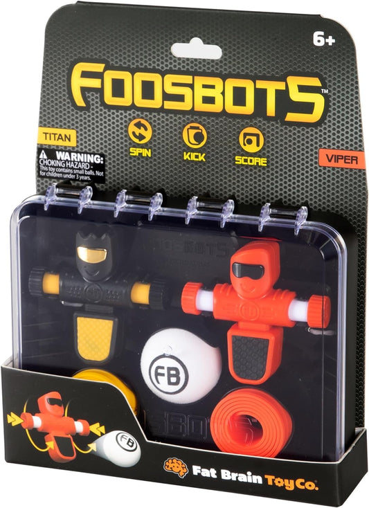 Fat Brain Toys Foosbots On The Go battle on a tabletop boosts quick reflexes.