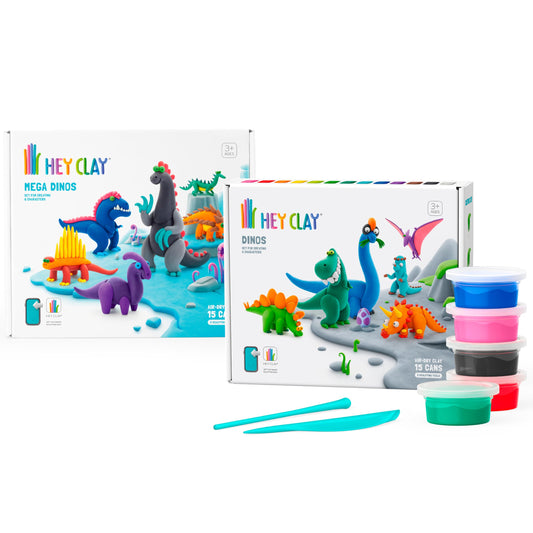 Fat Brain Toys Hey Clay Dino Land bundle packaging displaying dual dinosaur sets for creative play
