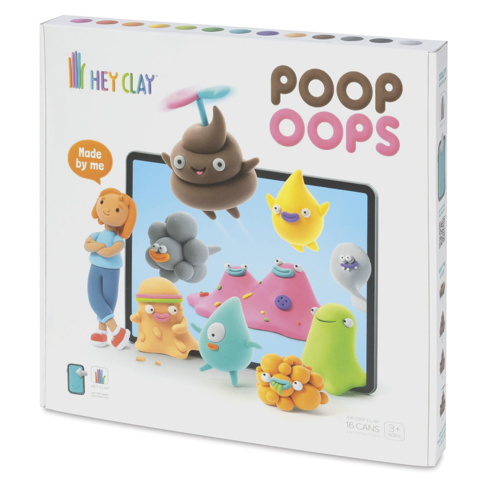 Fat Brain Toys Hey Clay Poop Oops kit contents with colorful clay and tools for kids.