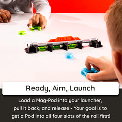 Fat Brain Toys Magshuto blue launcher delivering quick shots toward targets