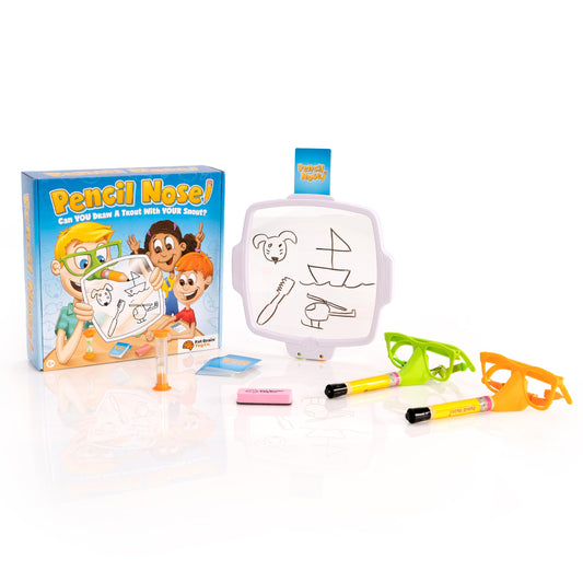 Fat Brain Toys Pencil Nose setup showing the board and pencil nose for quick family game night.