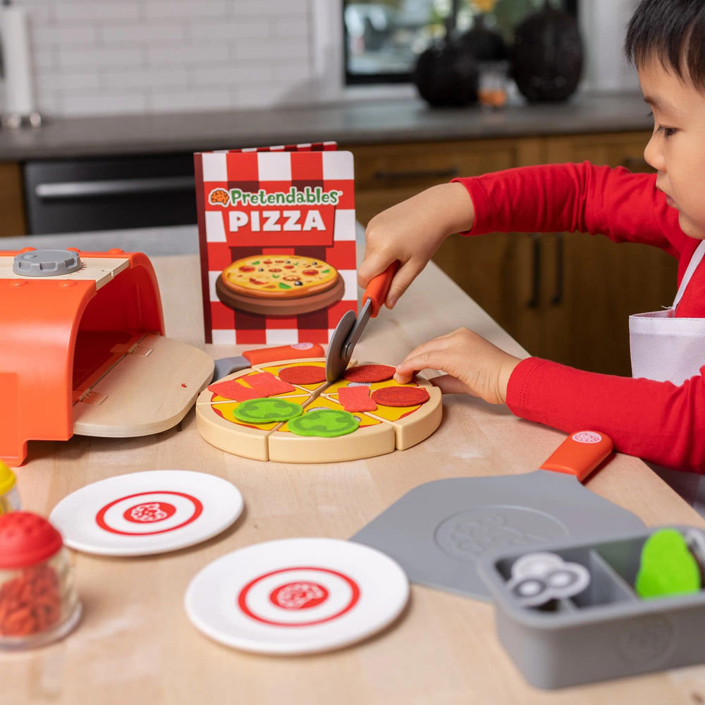 Fat Brain Toys Pretendables Backyard Pizza Oven Set kid friendly utensils and plates for role play