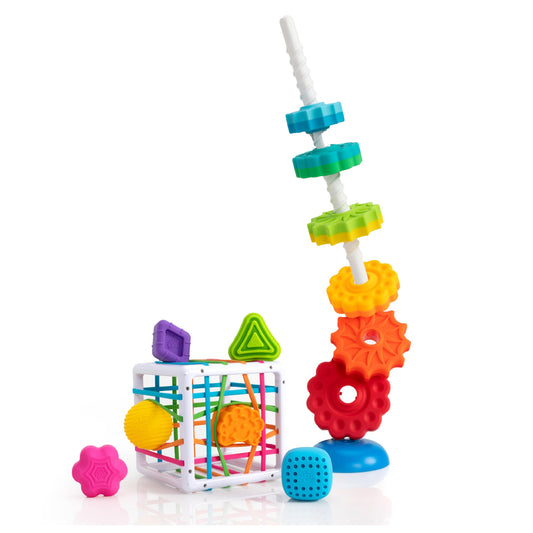 Fat Brain Toys SpinAgain discs on the corkscrew pole boost hand-eye coordination