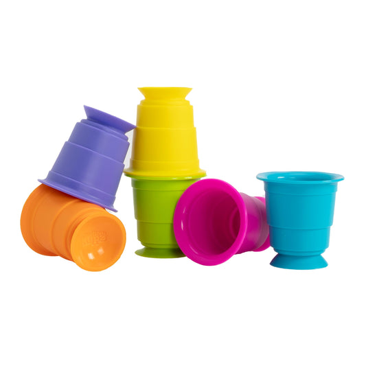 Fat Brain Toys Suction Kupz colorfully stacked cups boost sensory play and fine motor skills.