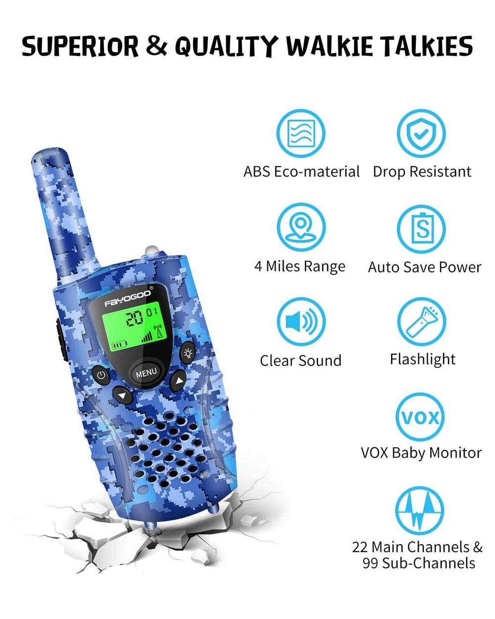 FAYOGOO blue walkie talkies Type-C charging for simple recharging