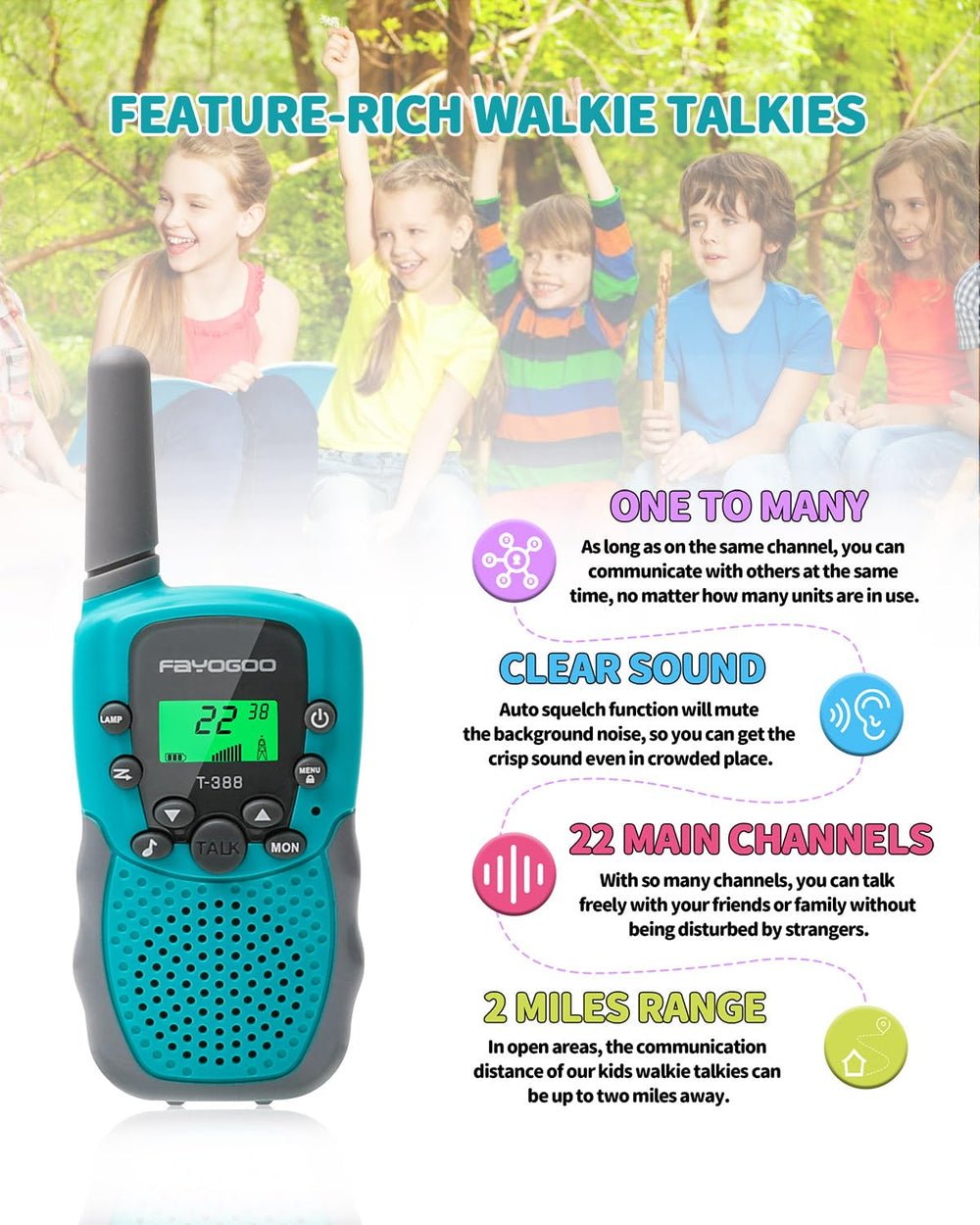 FAYOGOO kids walkie talkies feature durable design for everyday adventures.